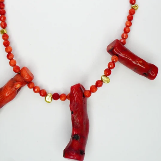 Red Coral and Gold Pearl Necklace