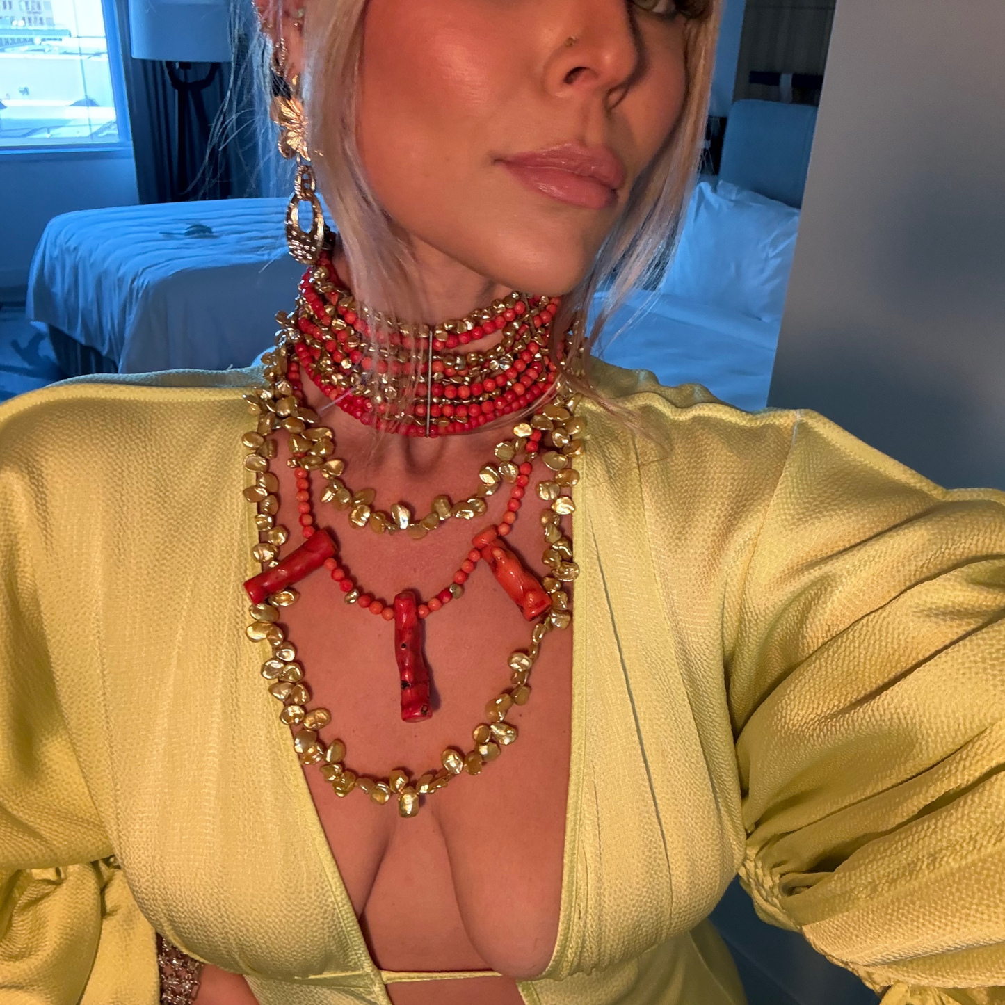 Red Coral and Gold Pearl Necklace