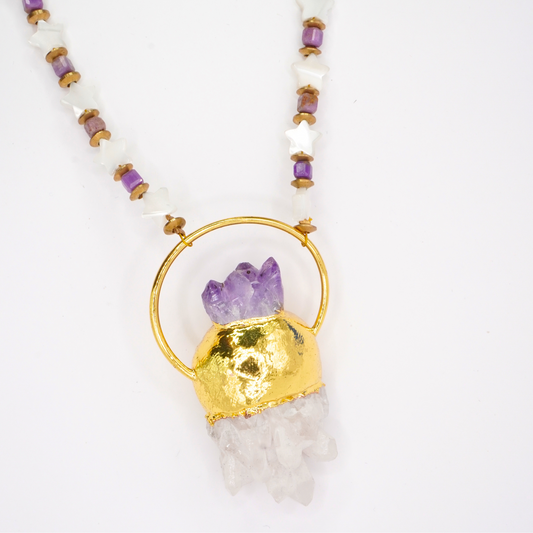 Mother of Pearl Stars, Amethyst, & Quartz Necklace