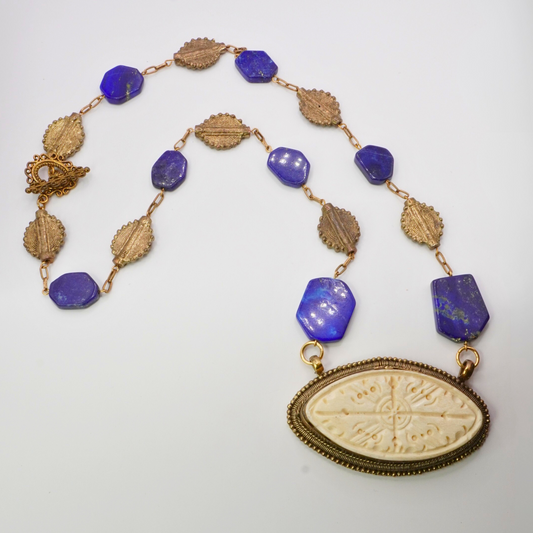 Carved Bone & Lapis Lazuli Necklace