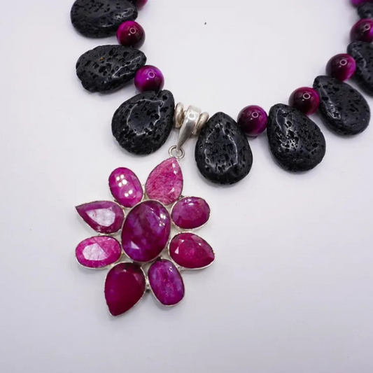 Ruby Pendant with Lava Rock and Pink Tigers Eye Collar Necklace