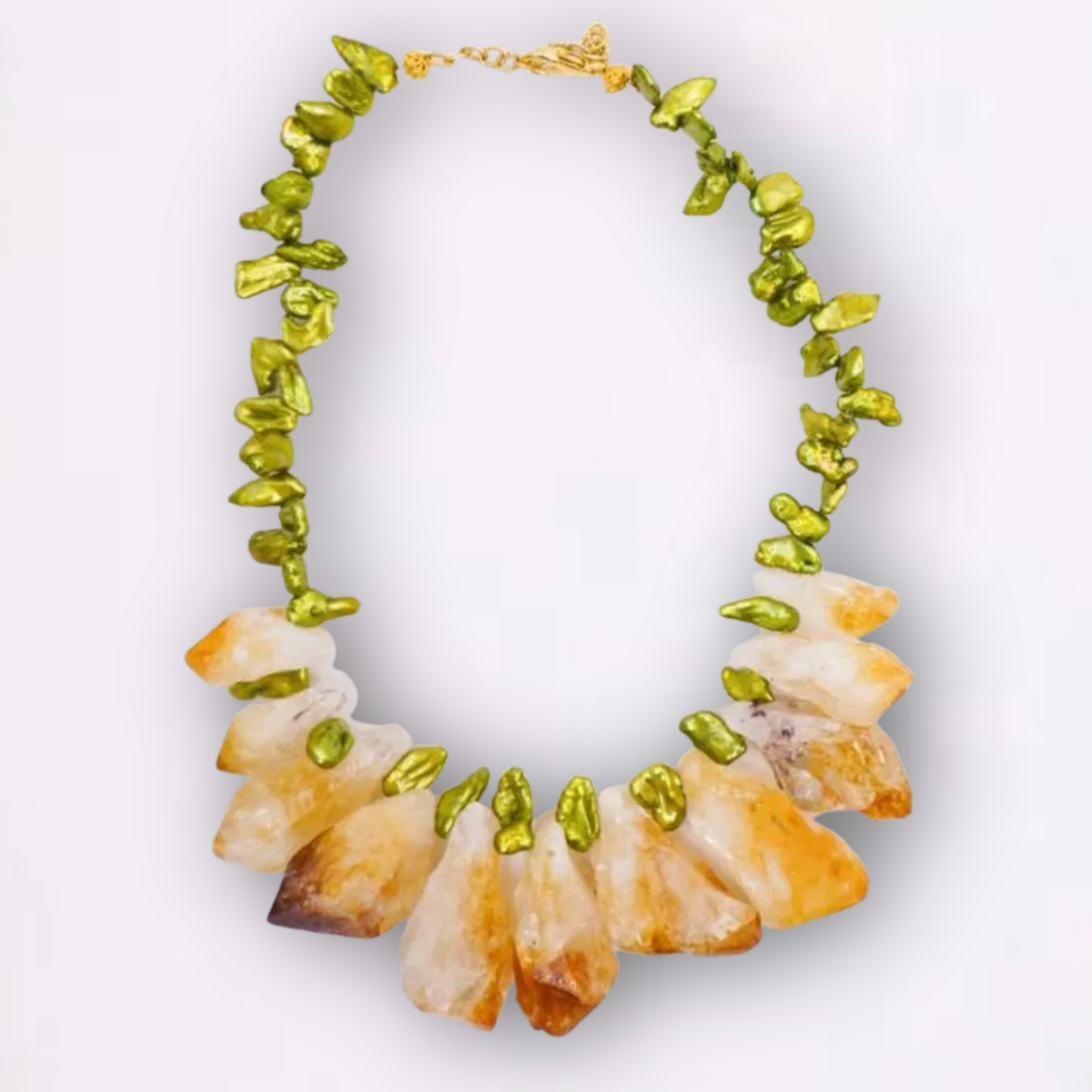 Raw Citrine Chunks with Green Pearls Collar Necklace