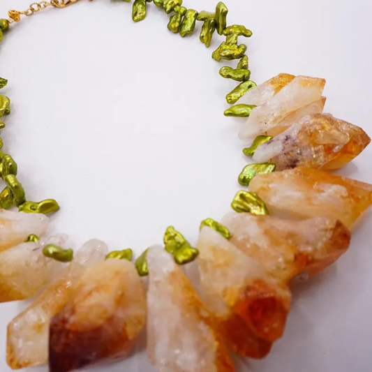 Raw Citrine Chunks with Green Pearls Collar Necklace