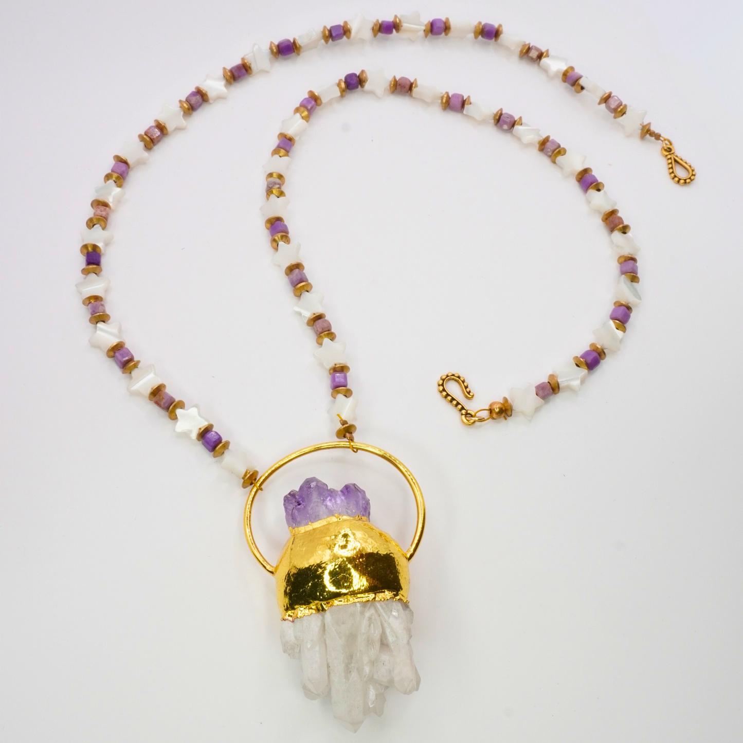 Mother of Pearl Stars, Amethyst, & Quartz Necklace