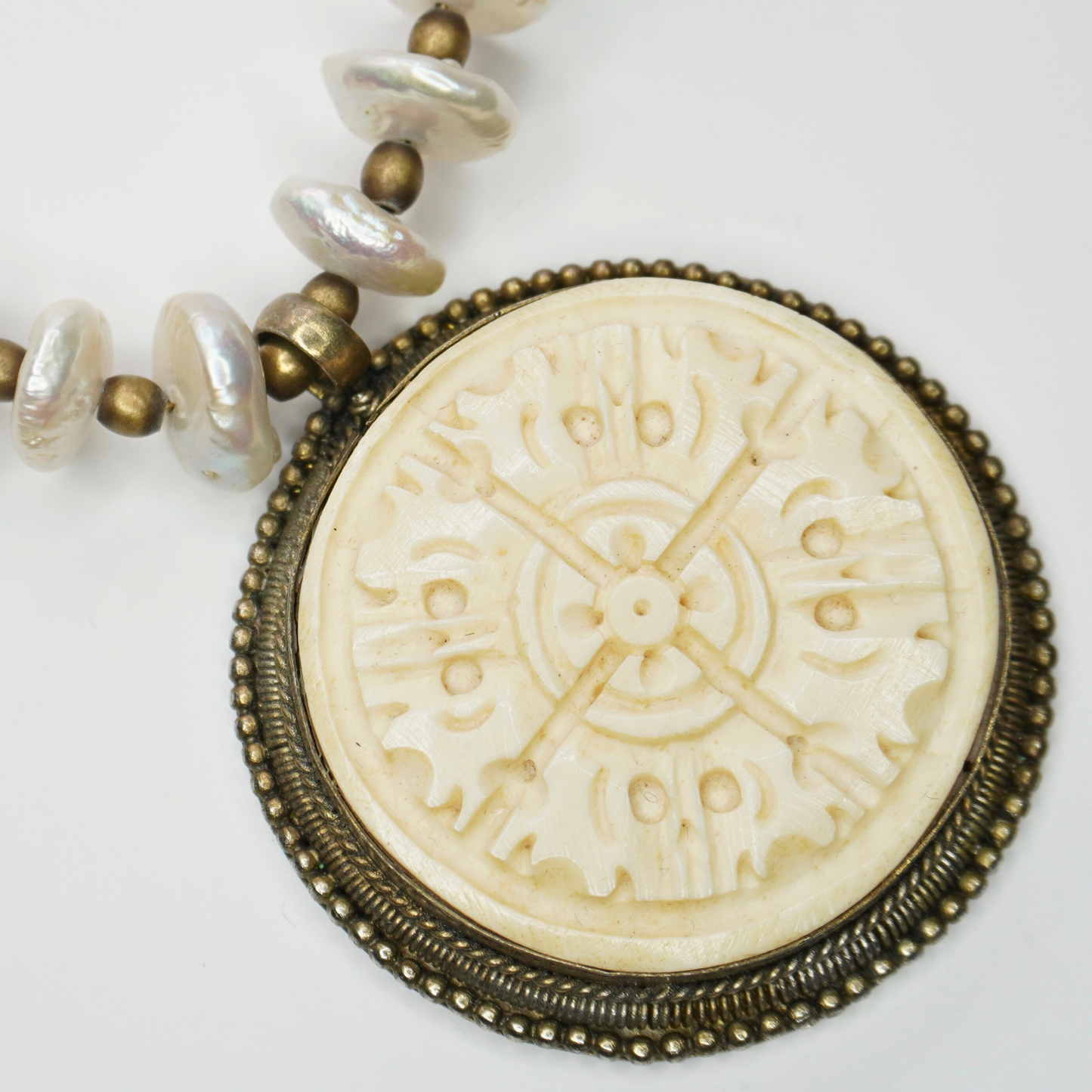 Pearls and Carved Bone Necklace