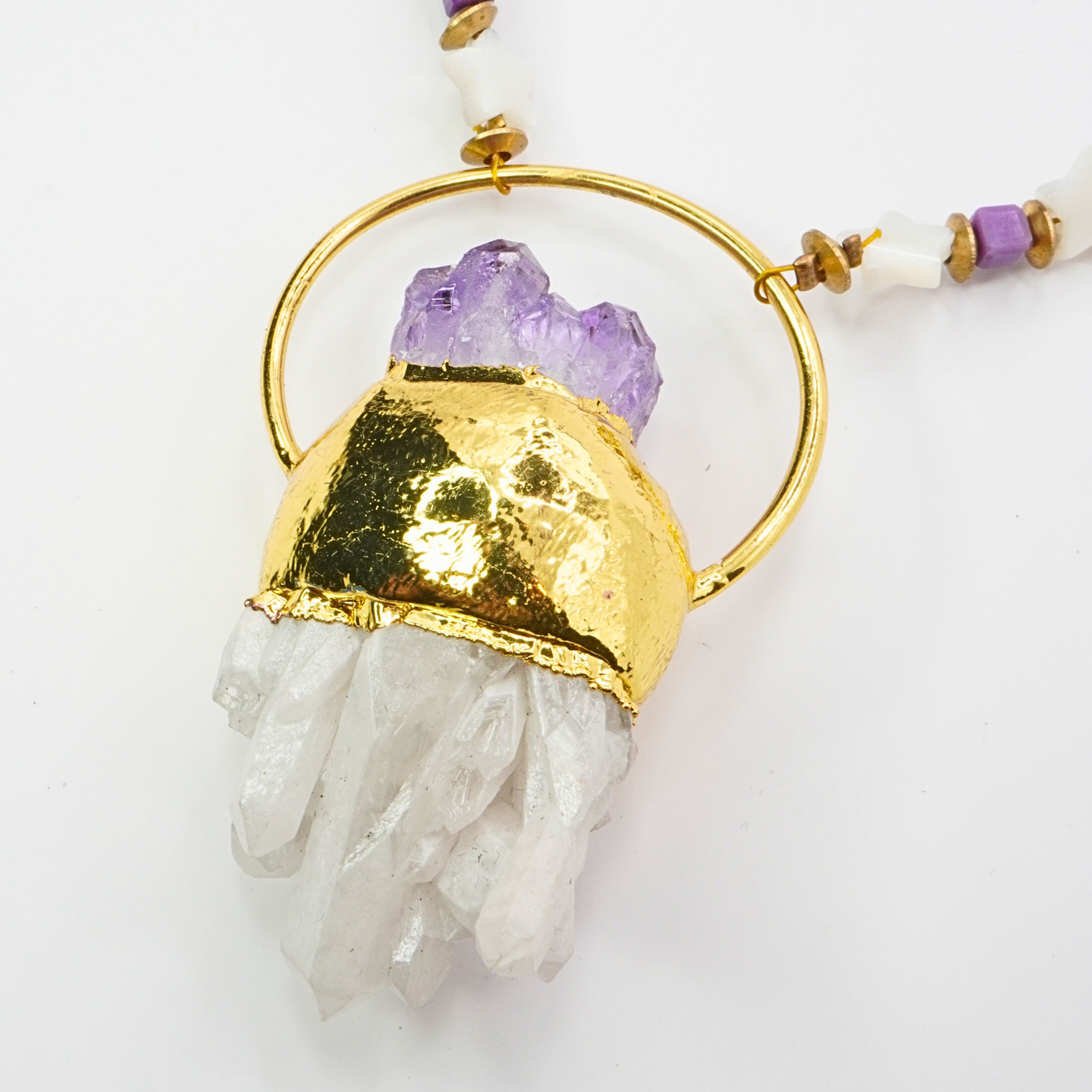 Mother of Pearl Stars, Amethyst, & Quartz Necklace