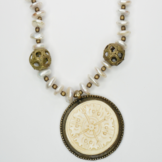 Pearls and Carved Bone Necklace