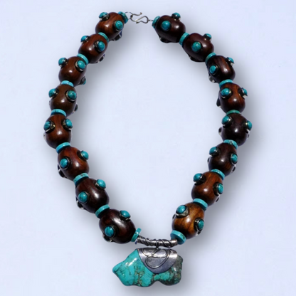 Wooden Beads with Turquoise Necklace