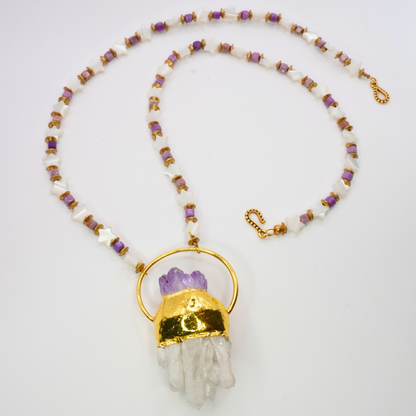 Mother of Pearl Stars, Amethyst, & Quartz Necklace