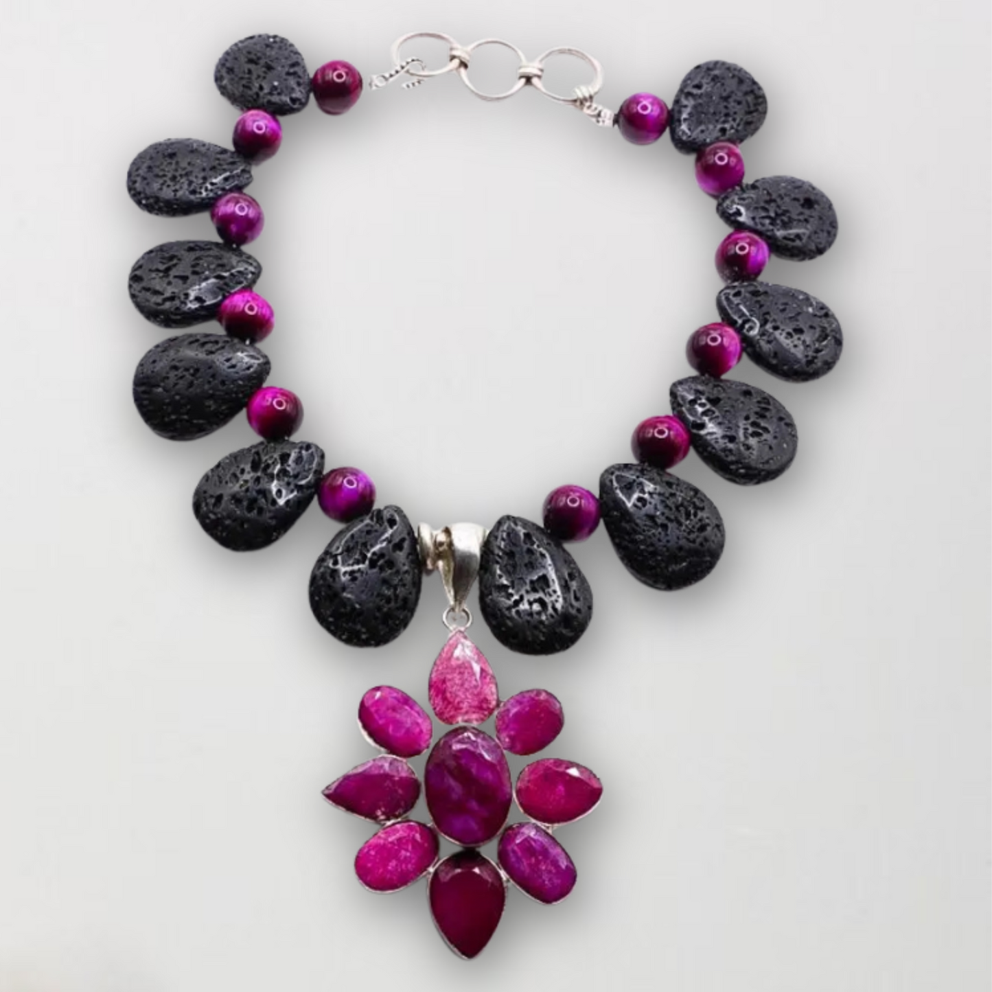 Ruby Pendant with Lava Rock and Pink Tigers Eye Collar Necklace